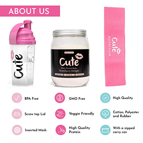Cute Nutrition Batido de Proteína de Suero de Fresa Esculpe y Tonifica Bote de 500g con Coctelera Shaker Rosa 700 ml y Banda Rosa de Resistencia Media