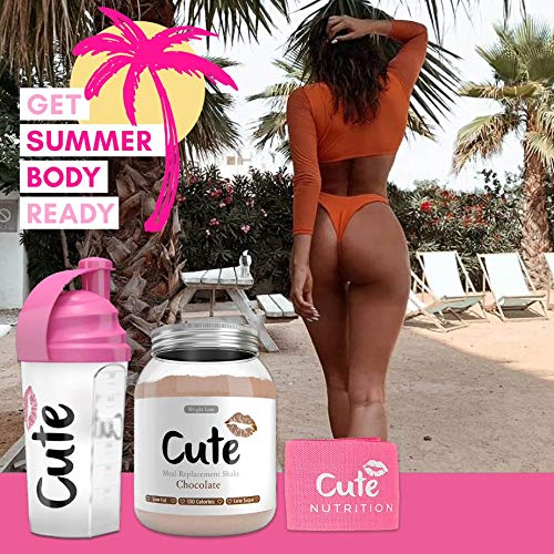 Cute Nutrition Batido sustituto de alimentos bajo en calorías bajo en grasa con coctelera rosa y banda de resistencia para pérdida de peso en mujeres