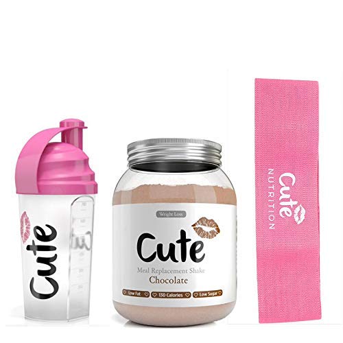 Cute Nutrition Batido sustituto de alimentos bajo en calorías bajo en grasa con coctelera rosa y banda de resistencia para pérdida de peso en mujeres