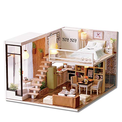 CUTEBEE Miniatura de la casa de muñecas con Muebles, Equipo de casa de muñecas de Madera DIY, más Resistente al Polvo y el Movimiento de música