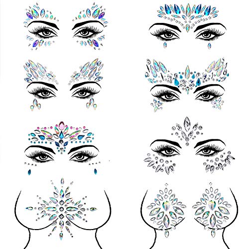 Czemo® 8 Juegos Pegatinas Cara Joyas Sirena Cara Gems Pegatinas Festival, Maquillaje Facial Joyas Cristales Cuerpo del Rhinestone de la Muchacha Pegatinas Adhesivos Gems (Pattern 1)