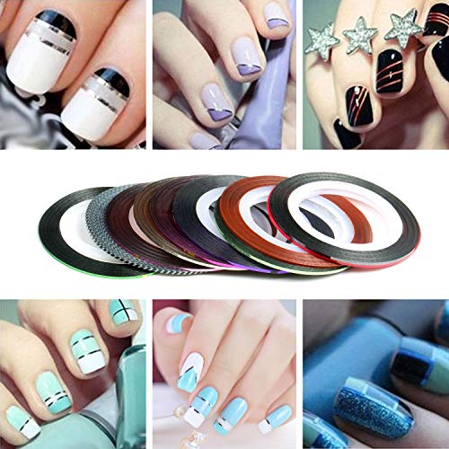 Czemo Kit de Diseño de Arte de Uña con 15 Pinceles de Arte de Uñas 10 Rollos de Cintas Adhesivas Uñas 5 Lápiz de Punto 2 Cajas decoraciónlima de uñas Kit de herramientas para manicura de uñas