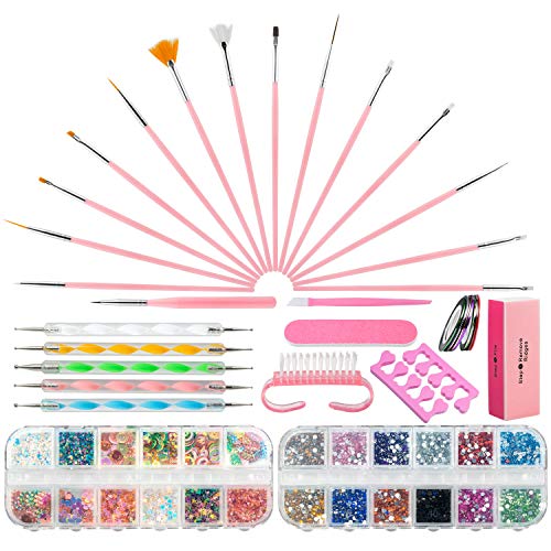 Czemo Kit de Diseño de Arte de Uña con 15 Pinceles de Arte de Uñas 10 Rollos de Cintas Adhesivas Uñas 5 Lápiz de Punto 2 Cajas decoraciónlima de uñas Kit de herramientas para manicura de uñas