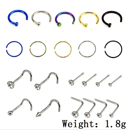 Daesar 22pcs Piercing de Uñas Aro L Circonita Piercing para Oreja Acero Quirurgico Plata