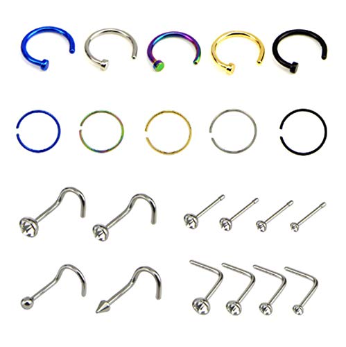 Daesar 22pcs Piercing de Uñas Aro L Circonita Piercing para Oreja Acero Quirurgico Plata