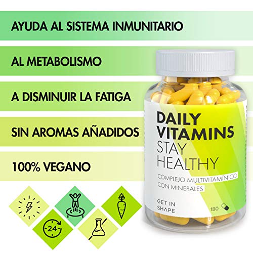 DAILY VITAMINS – Complejo de vitaminas y minerales esenciales - 180 cápsulas (3 meses) – vegano –Multivitaminas hombre / mujer – de Get In Shape