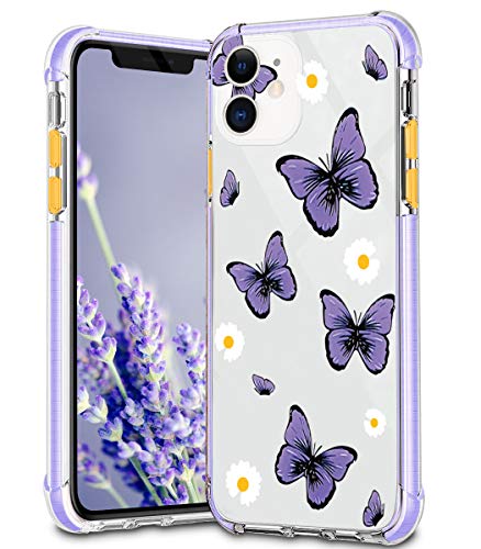 Daisy iPhone 11 caso, púrpura mariposa patrón diseño delgado delgado cristal cubierta anti-caída bumper con bordes púrpura suaves protector caja de teléfono para iPhone 11 ---- mariposas & Daisy 02