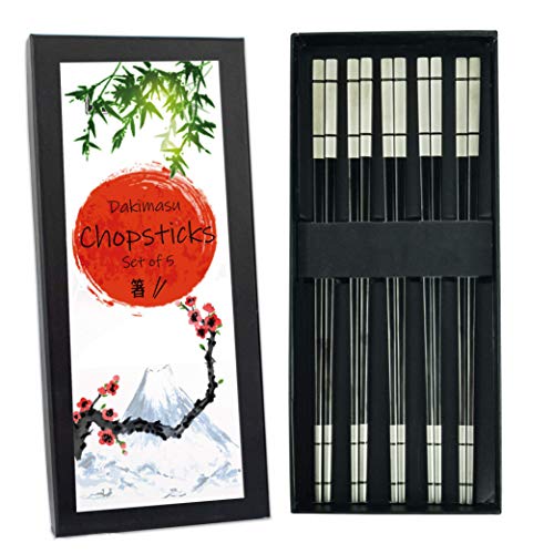 DAKIMASU Chopsticks - 5 Pares - Palillos Japoneses de Acero Inoxidable de Primera Calidad - Palillos metálicos para Platos asiáticos - Diseño Moderno y Elegante en Negro - Seguro para el lavavajillas