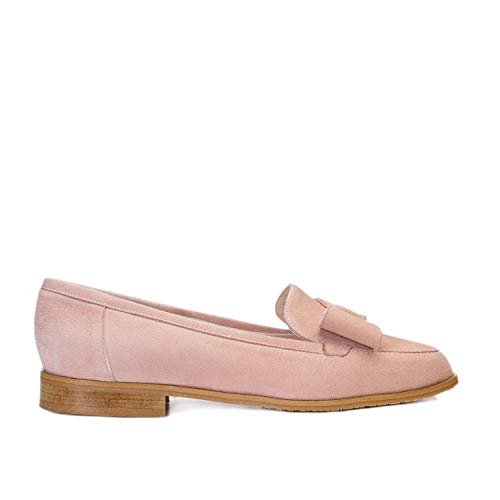 Damaris - Mocasines Planos de Vestir para Mujer en Piel con Lazo - Punta Redonda - Tacon Bajo 2 cm - Moda Tendencia Casual Informal Verano - Ante Nude Rosado Maquillaje - Rosa 42 EU
