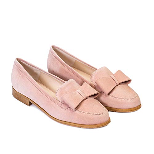 Damaris - Mocasines Planos de Vestir para Mujer en Piel con Lazo - Punta Redonda - Tacon Bajo 2 cm - Moda Tendencia Casual Informal Verano - Ante Nude Rosado Maquillaje - Rosa 42 EU
