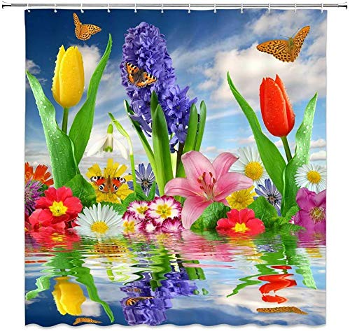 dangfeipeng Niza Floral Lily Tulip Water Farmhouse Boho Chic Cortina de Ducha de Tela Linda