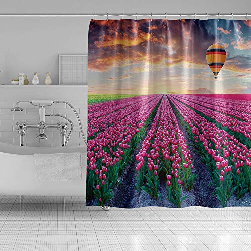 dangfeipeng Tulip Flower Field Baño Cortina de Ducha Cortinas de baño Impermeable Sunset Glow