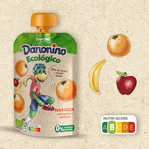 Danonino Pouch sin azúcares añadidos: Alimento Infantil Ecológico Con Naranja, Manzana Y Plátano - 12 Unidades de 90g