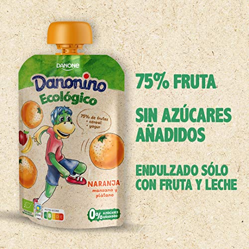 Danonino Pouch sin azúcares añadidos: Alimento Infantil Ecológico Con Naranja, Manzana Y Plátano - 12 Unidades de 90g
