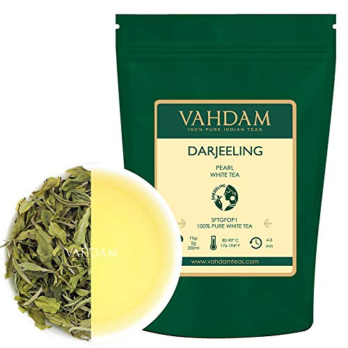 Darjeeling Pearl White Tea | Hojas sueltas de té blanco 100% puro sin mezclar | Tipo de té más saludable del mundo | Té 100% natural desintoxicante, té adelgazante, 1.76 oz (25 tazas)