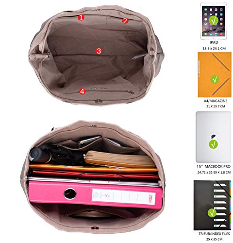 David Jones - Bolso de Hombro Grande Mujer - Tote Shopper Gran Capacidad Lona Suave Cuero PU Rayas - Bolsos de Mano Asa Larga Señora - Totalizador Casual Viaje Trabajo Escuela Diario Vida - Rosa