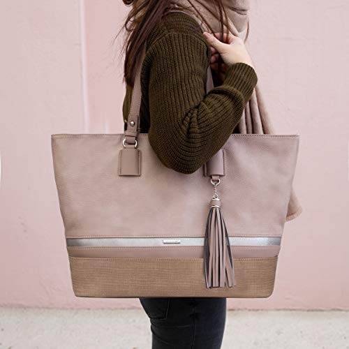 David Jones - Bolso de Hombro Grande Mujer - Tote Shopper Gran Capacidad Lona Suave Cuero PU Rayas - Bolsos de Mano Asa Larga Señora - Totalizador Casual Viaje Trabajo Escuela Diario Vida - Rosa