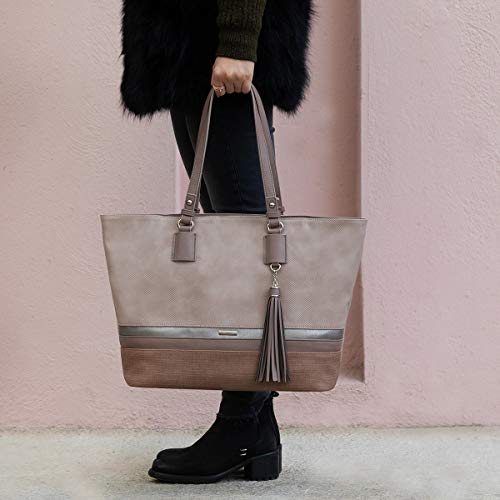 David Jones - Bolso de Hombro Grande Mujer - Tote Shopper Gran Capacidad Lona Suave Cuero PU Rayas - Bolsos de Mano Asa Larga Señora - Totalizador Casual Viaje Trabajo Escuela Diario Vida - Rosa