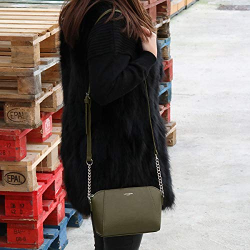 David Jones - Pequeño Bolso Bandolera Mujer - Bolsos de Hombro Cruzados Cadena Cuero PU - Mensajero Clutch Embrague Noche - Messenger Crossbody Bag - Pochette Piel Cremallera Elegante - Verde Caqui