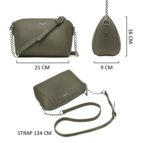 David Jones - Pequeño Bolso Bandolera Mujer - Bolsos de Hombro Cruzados Cadena Cuero PU - Mensajero Clutch Embrague Noche - Messenger Crossbody Bag - Pochette Piel Cremallera Elegante - Verde Caqui