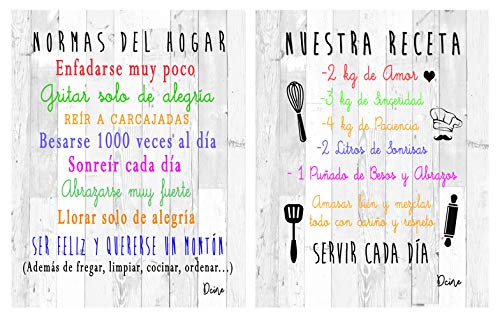 Dcine Set 2 Cuadros Frases Decorativos/Madera/Normas del hogar/Nuestra Receta/Regalo 19 cm x 25 cm x 4 mm Cada Cuadro