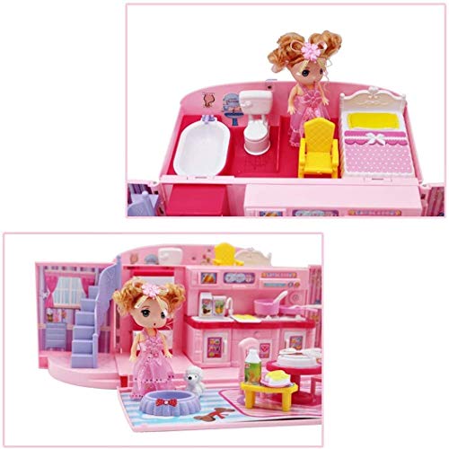 deAO Bolso de Mano con Casita de Muñecas Incorporada Conjunto 2en1 Portátil Diseño con Cerradura y Asa, Casa Incluye Muñeca y Muebles a Medida