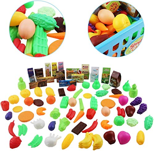 deAO Carrito de la Compra Infantil Incluye Variedad de 50 Productos de Mercado y Comestibles para Niños y Niñas (Azul)