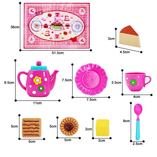 deAO Juego de Té y Repostería en Maletín Portátil Conjunto Infantil de 26 Piezas Incluye Tetera, Platos, Tazas, Comida de Imitación y Manta de Picnic