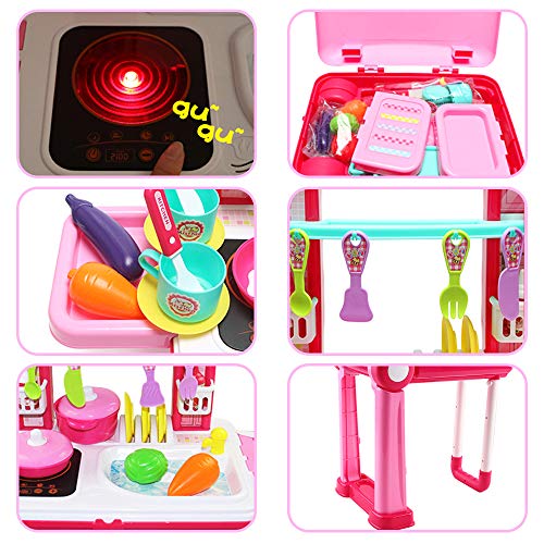 deAO Pequeño Chef Set de Cocinita Plegable en Maleta Convertible Maletín de Juegos con Accesorios, Luces, Sonidos (Rosa) , color/modelo surtido