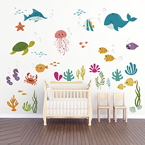 decalmile Bajo el Mar Pegatinas De Pared Delfín Pescado Vinilos Decorativos Habitación Infantiles Guardería Niños Bebés Dormitorios