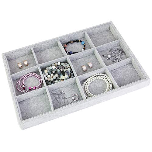 DECARETA Bandeja de Joyas,Joyero Organizador Joyerías,Bandeja de Terciopelo con 12 Cuadrícula,-Estuche de Almacenamiento para Joyas Anillos Pendientes Collares Aretes Bisutería 35x24x3CM
