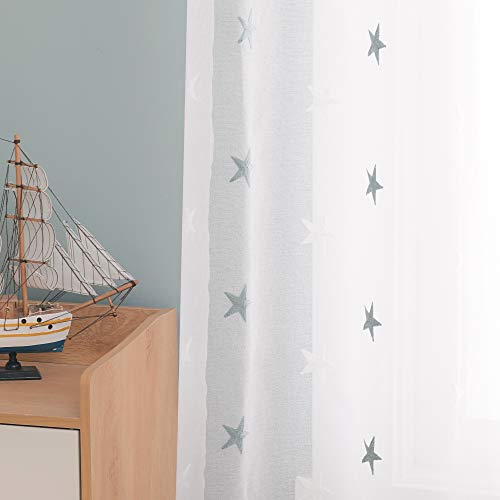 Deconovo Visillos para Ventanas Gasa Efecto Lino Cortina Transparente para Habitación Bebe Infantil 2 Paneles 140 x 245 cm Azul Verde