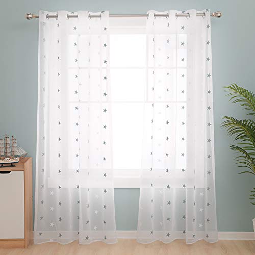 Deconovo Visillos para Ventanas Gasa Efecto Lino Cortina Transparente para Habitación Bebe Infantil 2 Paneles 140 x 245 cm Azul Verde