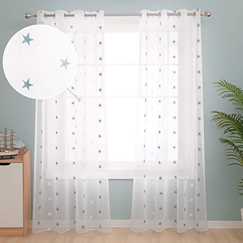 Deconovo Visillos para Ventanas Gasa Efecto Lino Cortina Transparente para Habitación Bebe Infantil 2 Paneles 140 x 245 cm Azul Verde