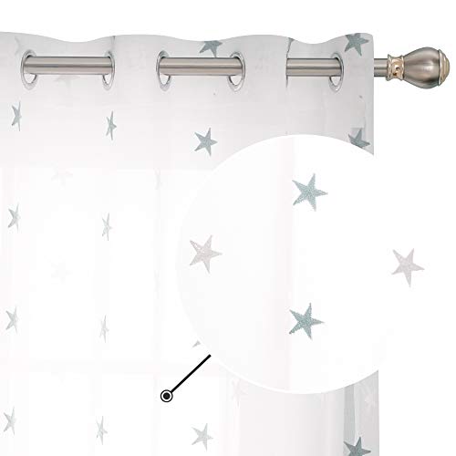 Deconovo Visillos para Ventanas Gasa Efecto Lino Cortina Transparente para Habitación Bebe Infantil 2 Paneles 140 x 245 cm Azul Verde