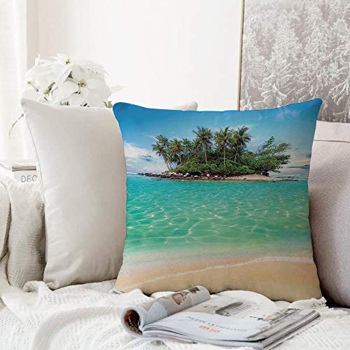 decoración Cuadrada, Isla, Isla Tropical, Arena, mar, Agua Clara, Luna de Miel, Destino, Paisaje acuático, Azul Crema, Verde,Funda de Almohada Almohada para Coche Almohada para sofá casero