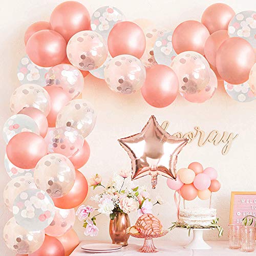 Decoración de cumpleaños 18 en oro rosa, feliz cumpleaños Decoración guirnalda Banner de cumpleaños para fiesta con globos y globos de confeti y globos de aluminio de corazón para niñas y mujeres
