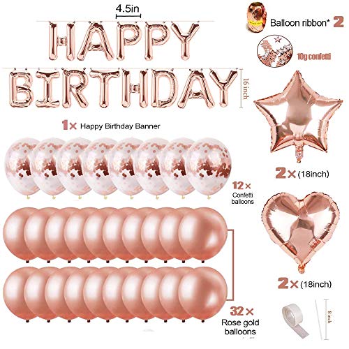 Decoración de cumpleaños 18 en oro rosa, feliz cumpleaños Decoración guirnalda Banner de cumpleaños para fiesta con globos y globos de confeti y globos de aluminio de corazón para niñas y mujeres