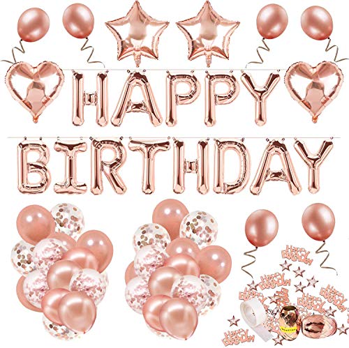 Decoración de cumpleaños 18 en oro rosa, feliz cumpleaños Decoración guirnalda Banner de cumpleaños para fiesta con globos y globos de confeti y globos de aluminio de corazón para niñas y mujeres