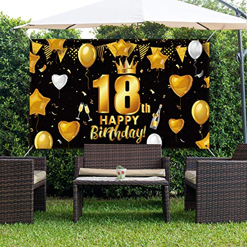 Decoración de Fiesta Negra Dorada de 18 Cumpleaños, Cartel de Oro Negro de Tela Grande para Cumpleaños Aniversario Fiesta de 18 Años, Banner Fondo de Fiesta 18 Cumpleaños 72,8 x 43,3 Pulgadas