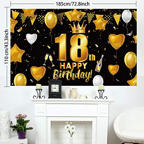 Decoración de Fiesta Negra Dorada de 18 Cumpleaños, Cartel de Oro Negro de Tela Grande para Cumpleaños Aniversario Fiesta de 18 Años, Banner Fondo de Fiesta 18 Cumpleaños 72,8 x 43,3 Pulgadas