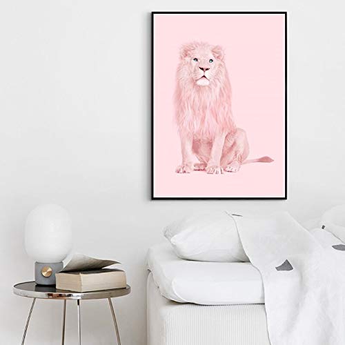 Decoración del hogar, pintura impresa, estilo nórdico, imágenes de león rosa, arte de pared, lienzo modular, cartel moderno para fondo de cabecera, 60x90 CM, marco N