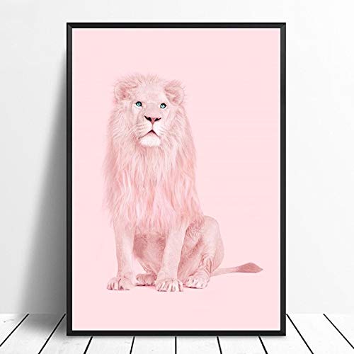 Decoración del hogar, pintura impresa, estilo nórdico, imágenes de león rosa, arte de pared, lienzo modular, cartel moderno para fondo de cabecera, 60x90 CM, marco N