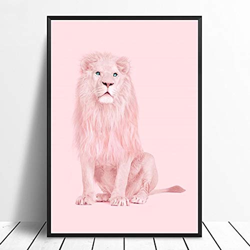 Decoración del hogar, pintura impresa, estilo nórdico, imágenes de león rosa, arte de pared, lienzo modular, cartel moderno para fondo de cabecera, 60x90 CM, marco N