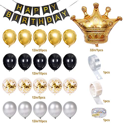 Decoraciones de Fiesta de Cumpleaños de Lujo Con Pancarta de Feliz Cumpleaños en Oro Metálico, Globos de Confeti de Oro Negro Plateado, Globos de Lámina de Látex de Corona