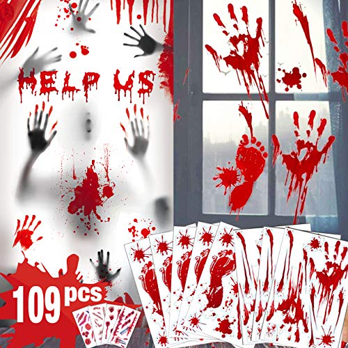 Decoraciones de Halloween de huella de mano sangrienta - 109 piezas de adornos de ventana de Halloween, sangrienta Adhesivos de piso con pegatinas de tatuajes, decoraciones de fiesta de Halloween