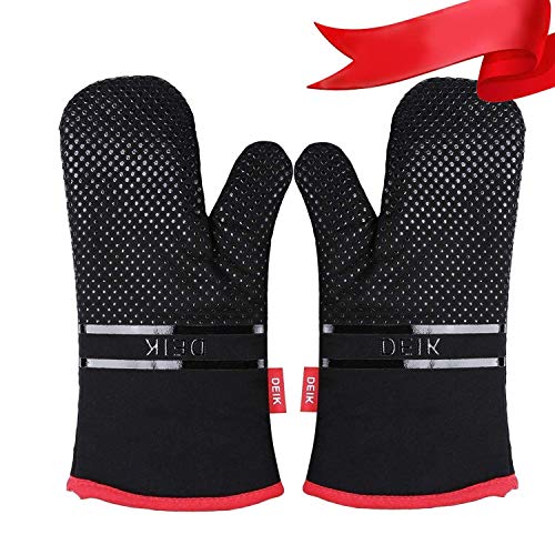 Deik Guantes y agarraderas para Horno, Guantes Resistentes al Calor de hasta 300 ℃, Guantes de Silicona Antideslizantes para la Parrilla, adecuados para cocinar, Hornear, Asar a la Parrilla, Negro