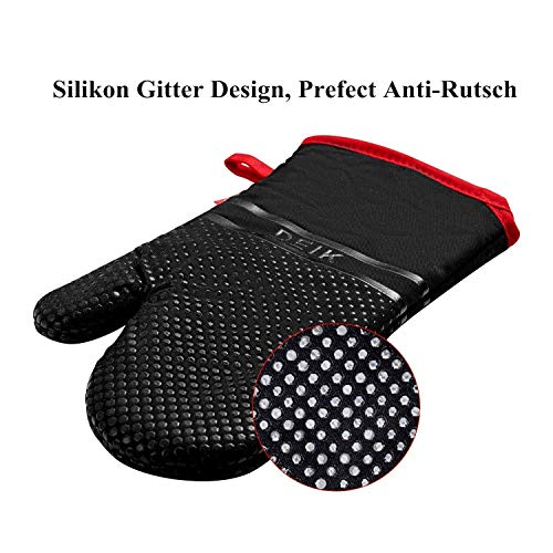 Deik Guantes y agarraderas para Horno, Guantes Resistentes al Calor de hasta 300 ℃, Guantes de Silicona Antideslizantes para la Parrilla, adecuados para cocinar, Hornear, Asar a la Parrilla, Negro