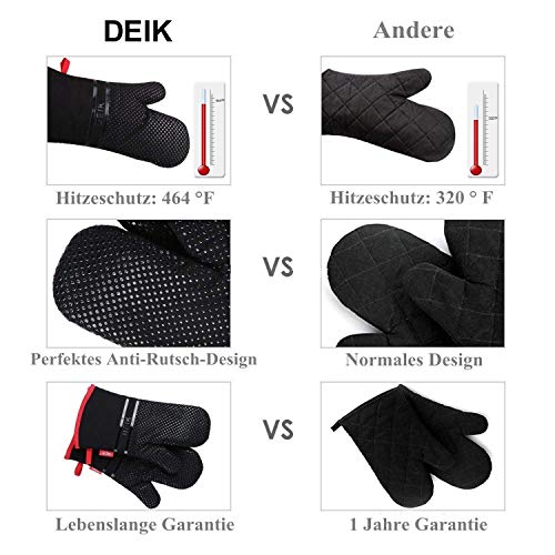 Deik Guantes y agarraderas para Horno, Guantes Resistentes al Calor de hasta 300 ℃, Guantes de Silicona Antideslizantes para la Parrilla, adecuados para cocinar, Hornear, Asar a la Parrilla, Negro