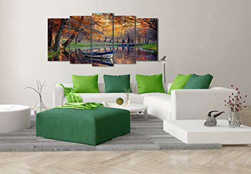 DekoArte 156 - Cuadros Modernos Impresión de Imagen Artística Digitalizada | Lienzo Decorativo Para Tu Salón o Dormitorio | Estilo Paisaje Otoño Agua Tonos Marrones Naturaleza | 5 Piezas 200x100cm XXL
